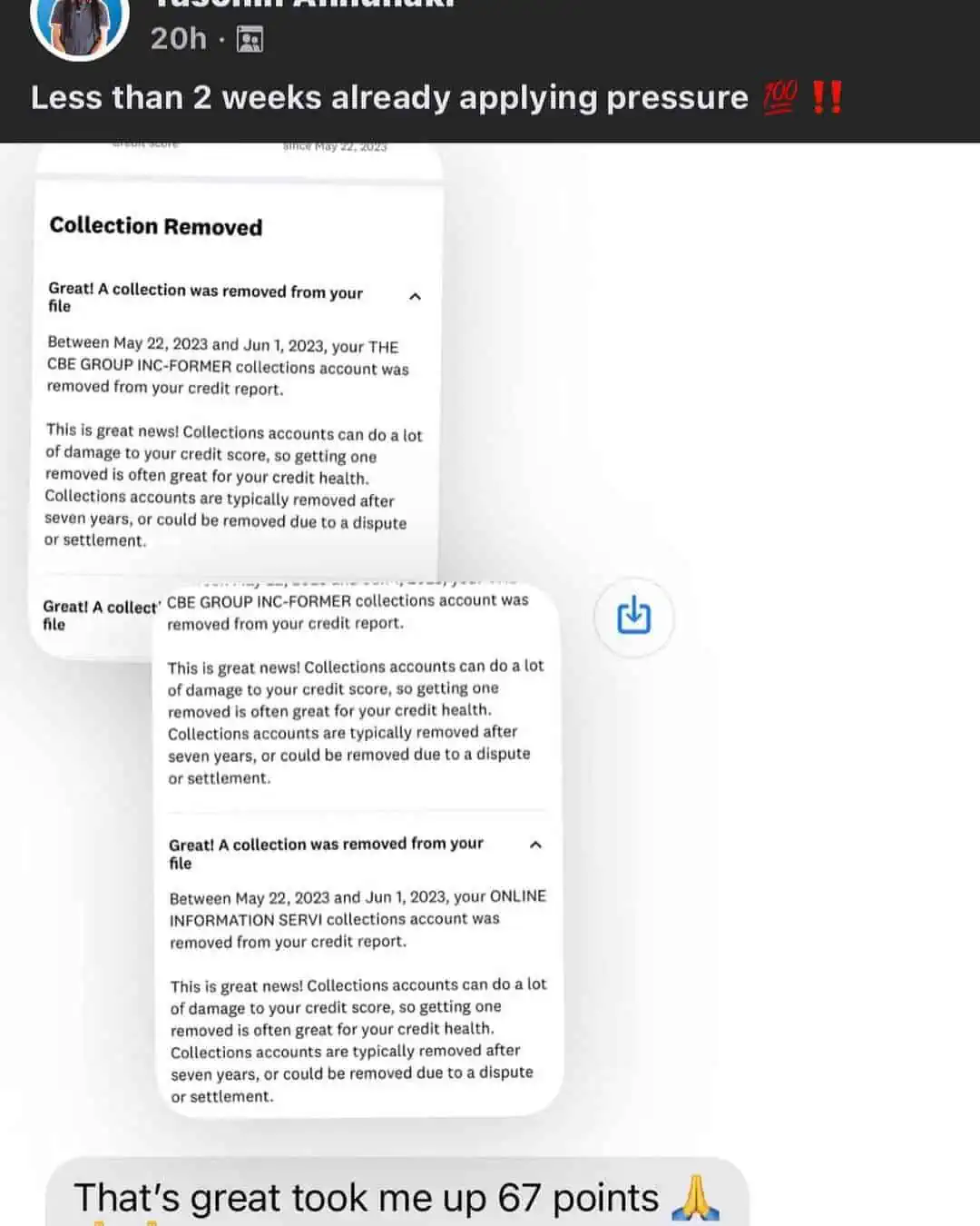 67-Point Increase/Collections Removed in 2-Weeks 67-Point Increase/Collections Removed in 2-Weeks
